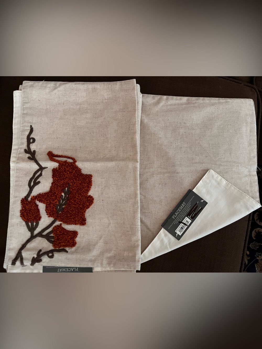 Threshold Beige Linen Placemat Set with Rust Floral Accent